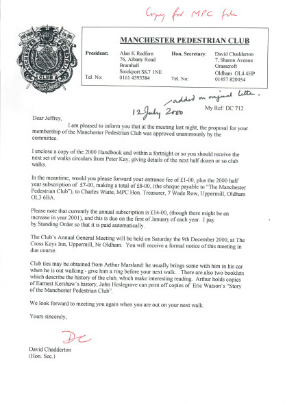 Letter from Club Secretary welcoming new member