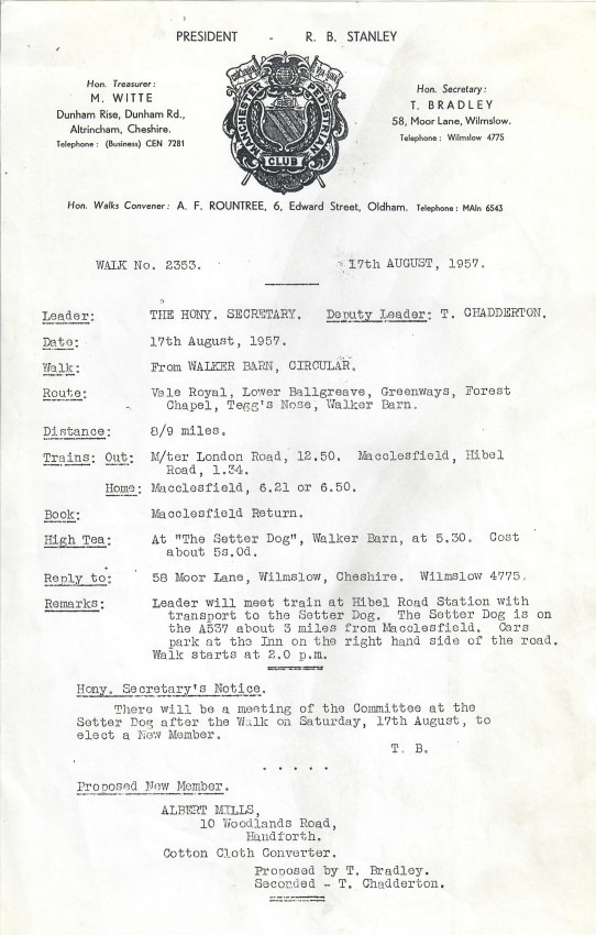 MPC leaflet for walk on 17th August 1957